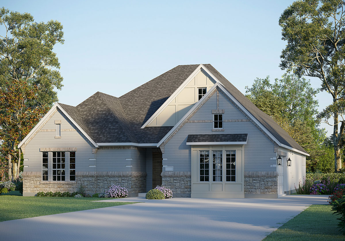 Lincoln floor plan rendering, K elevation 2 car side entry