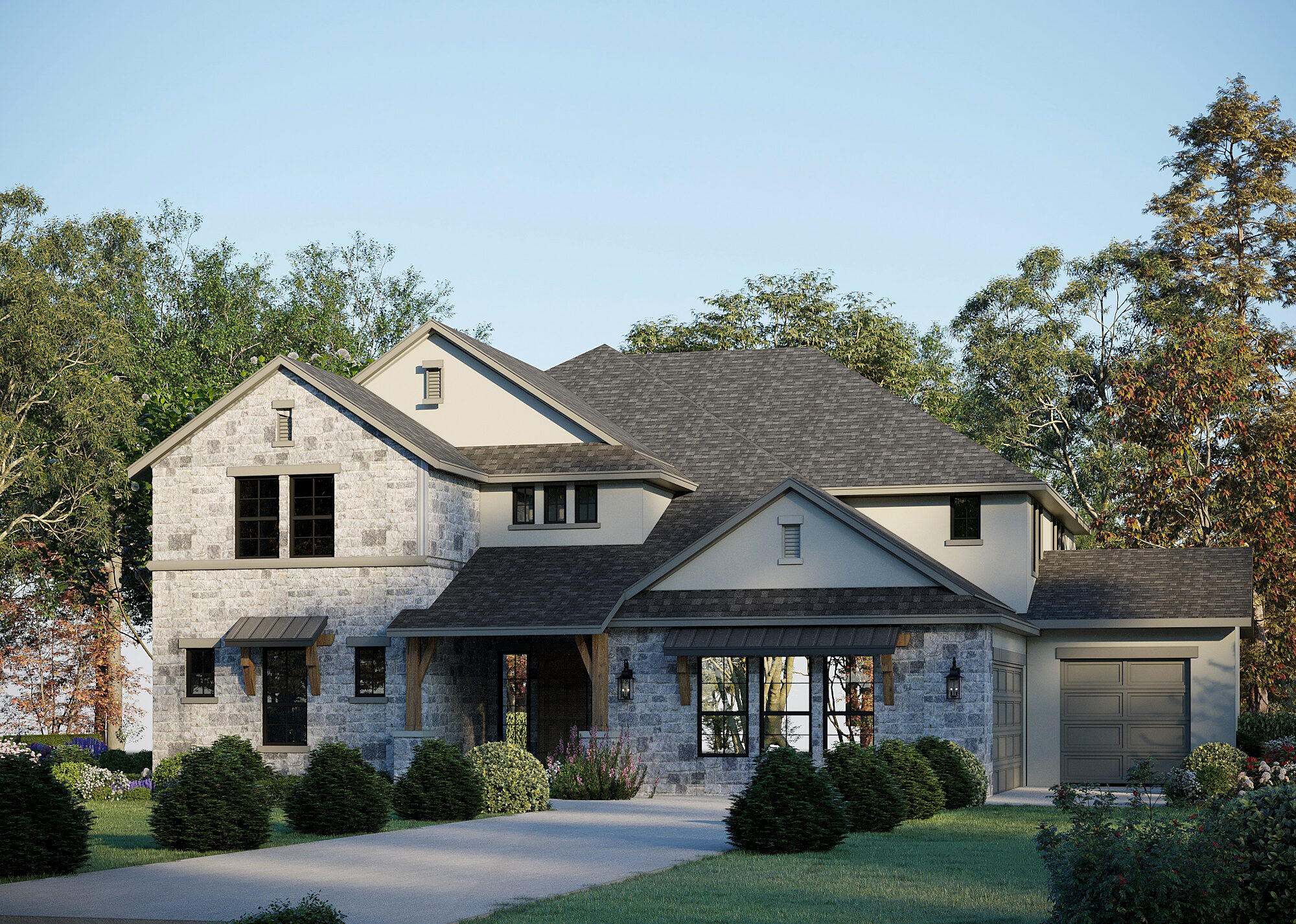 The Kennedy Elevation rendering from our upscale Presidential Series, is a grand 2-story home with 5 bedrooms, 4.5 bathrooms, and a 3-car garage.