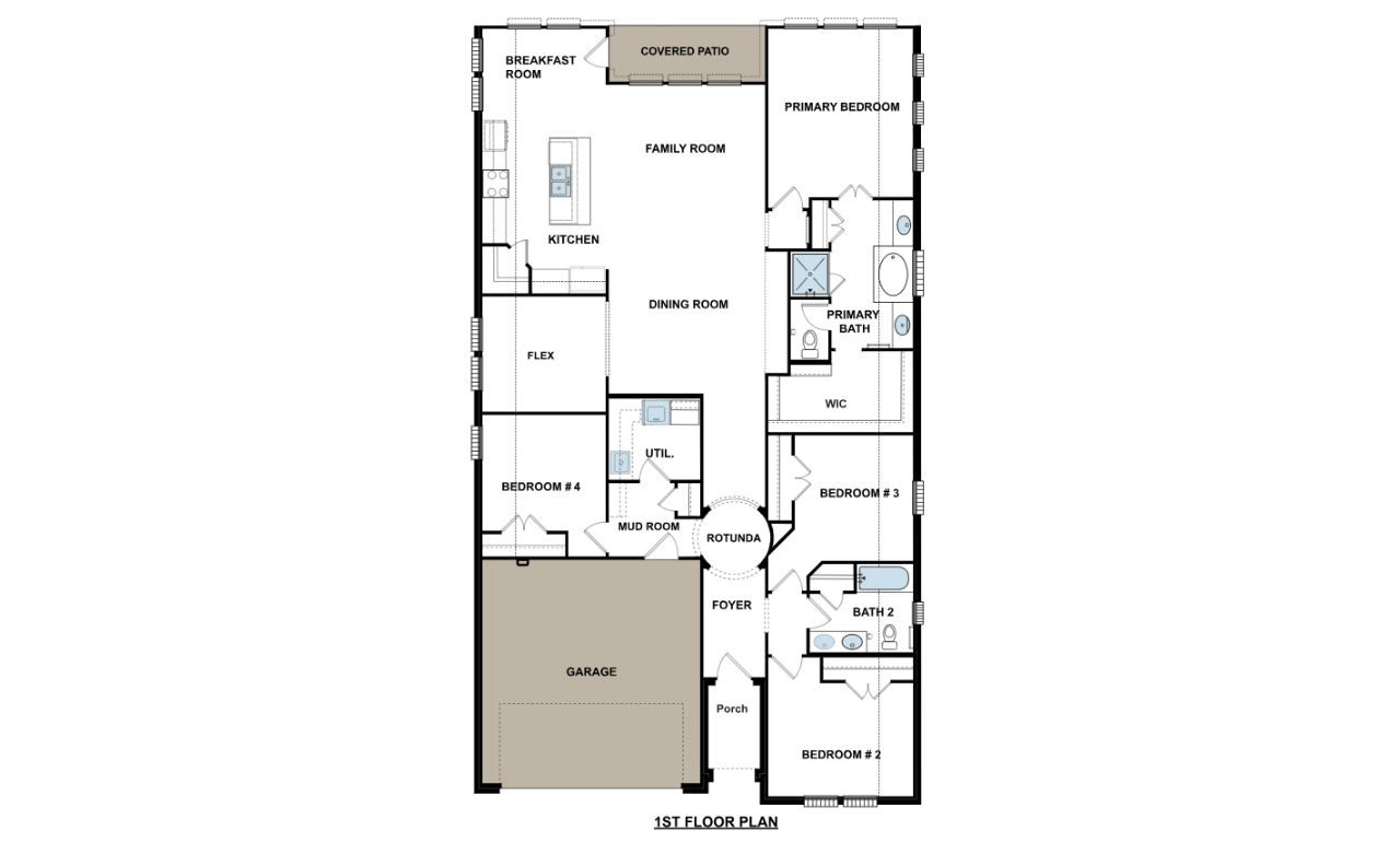 Taylor floor plan layout one story home from our Freedom Series, high end new home consruction to be built home