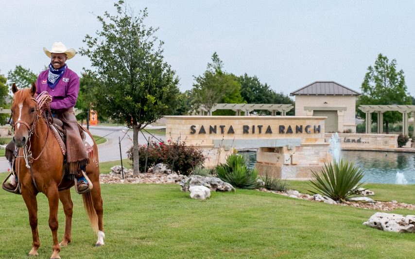 Santa Rita Ranch entrance photo, cowboy on horse, Liberty Hill, Texas, Austin Area, new home construction, GFO Home